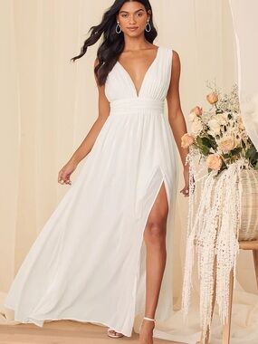 Lulus White V-Neck Maxi Wedding Gown Dress Bridal Formal Slit Heavenly Hues